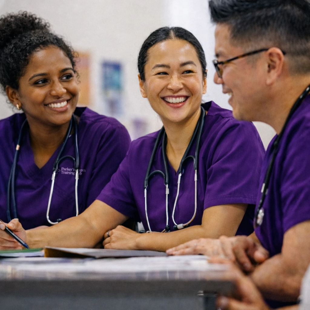Three nurses discussing training materials