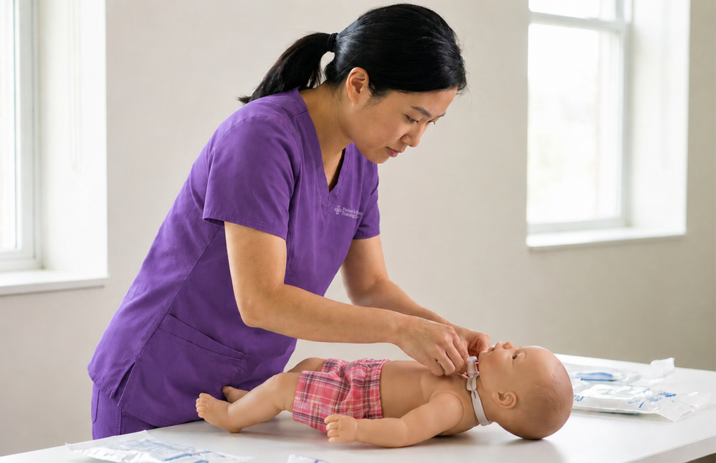 Single nurse working with Pediatric HAL manikin
