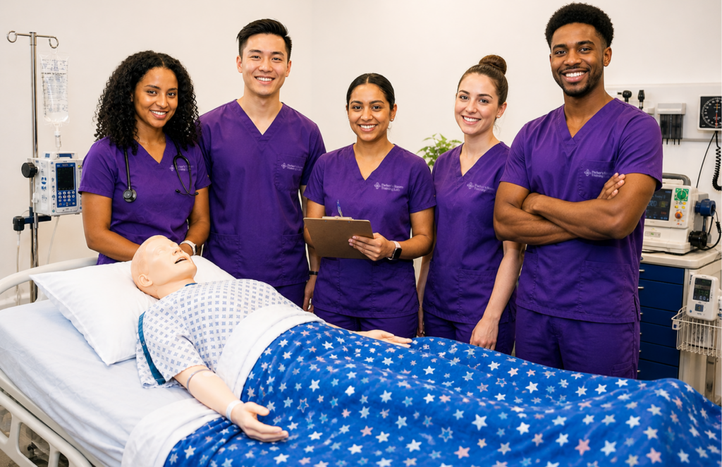 A group of five nurses standing behind a HAL manikin