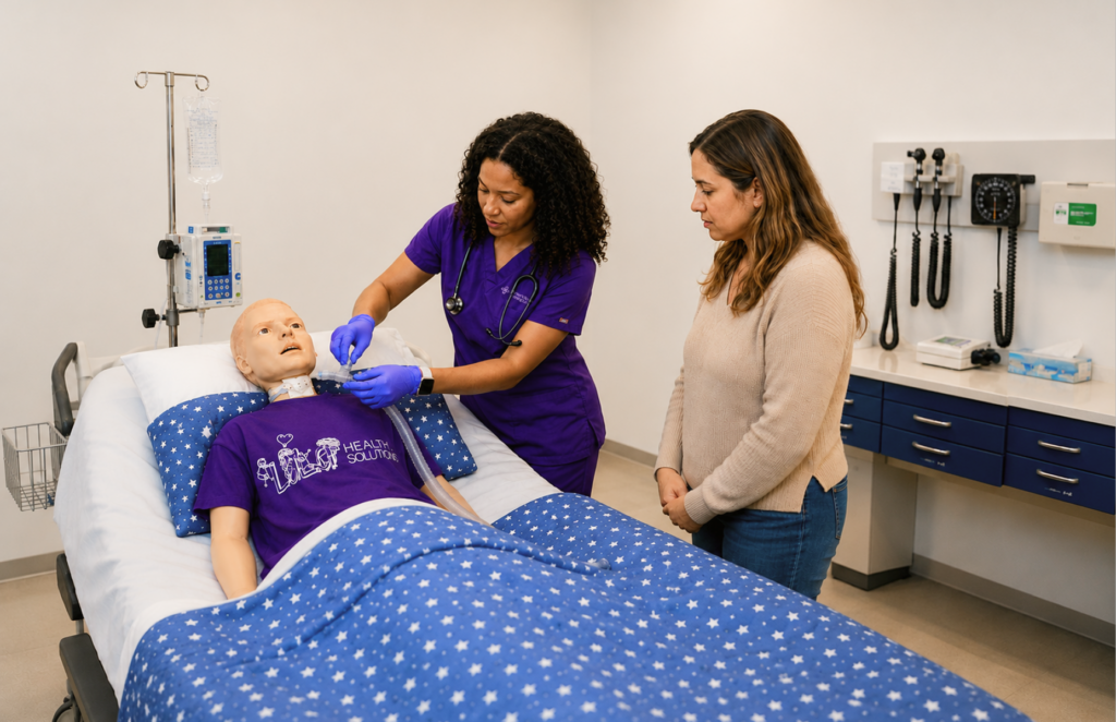 A nurse demonstrating a procedure on a HAL manikin for a non-professional person