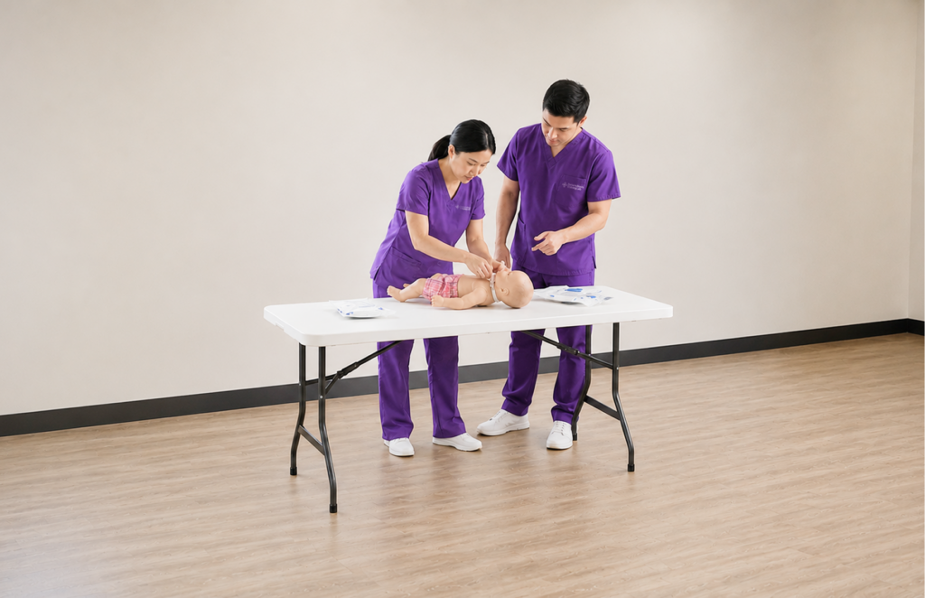 Two nurses standing over a HAL manikin on a table.