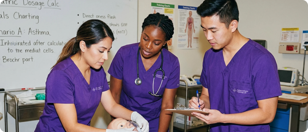 Three nurses training with Pediatric HAL manikin