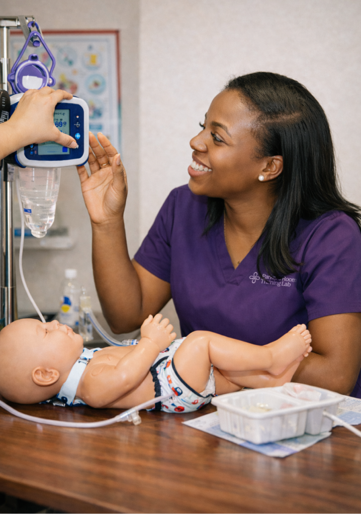 Nurse works with equipment and an infant HAL manikin.